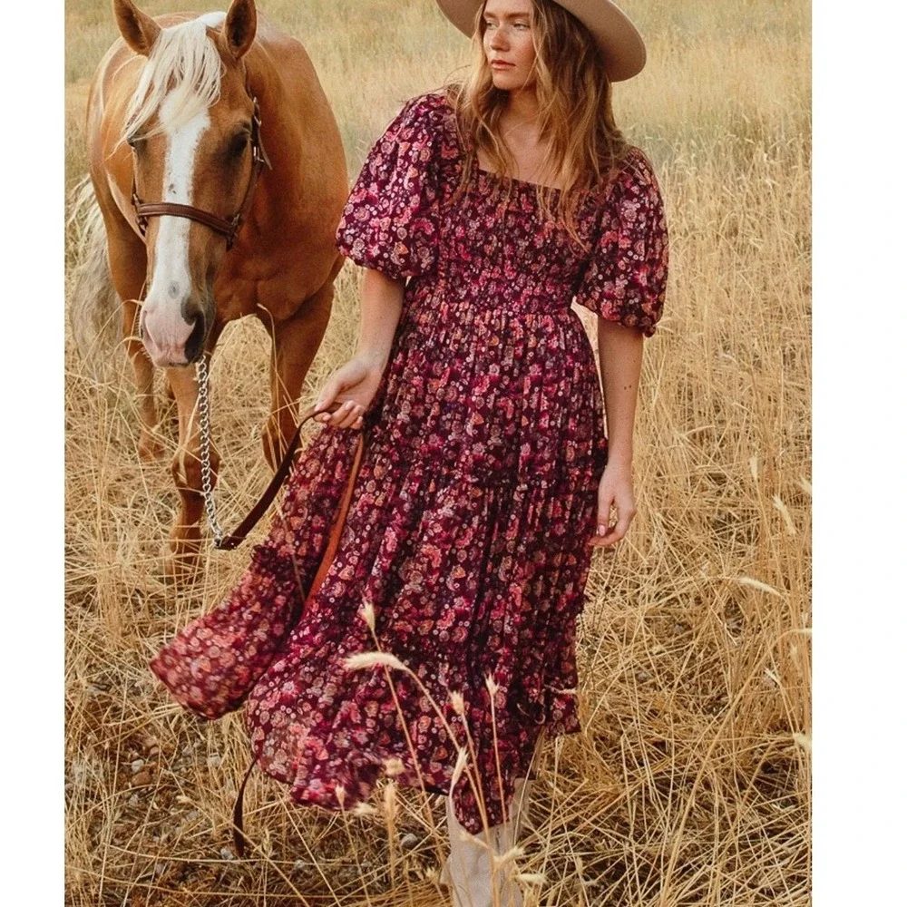 Ivy City Co Stephanie Dress Small Burgundy Floral Smocked Cottagecore Romantic - Picture 2 of 12